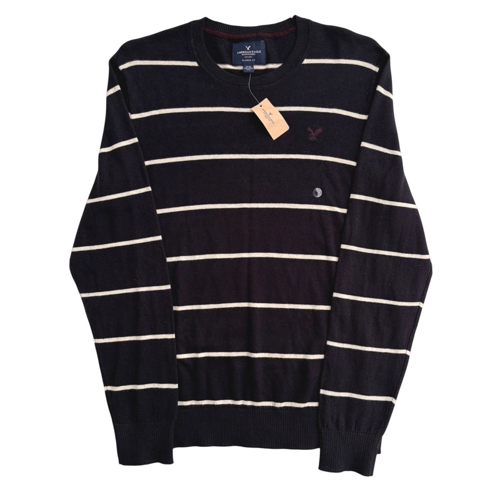 American Eagle Classic Fit Striped Crewneck Sweater Navy White Size M NWT